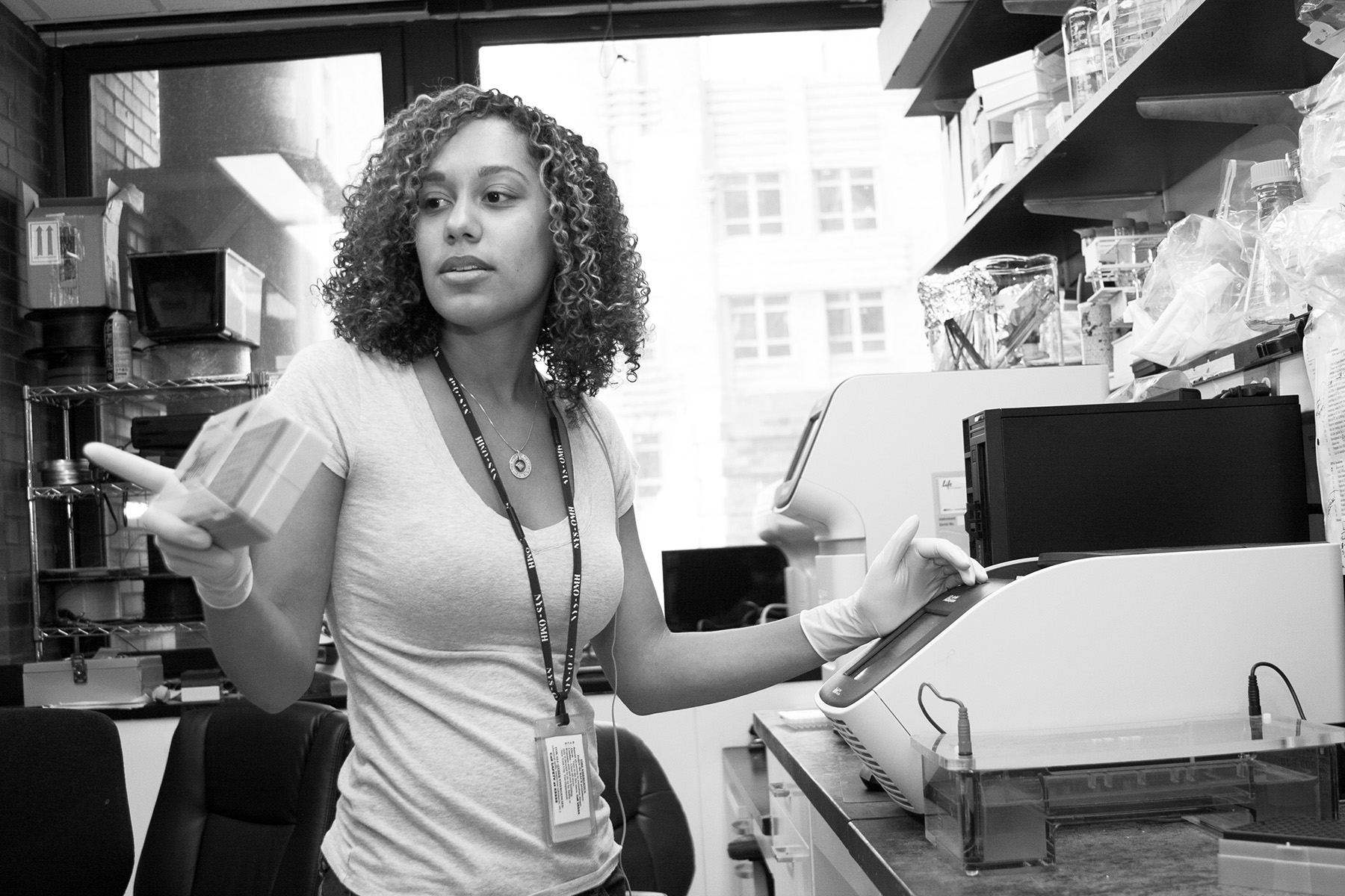 Tabia has placed her tissue samples in a PCR (polymerase chain reaction) machine (aka a thermal cycler), which allows her to find and amplify what markers are present in the DNA sample.