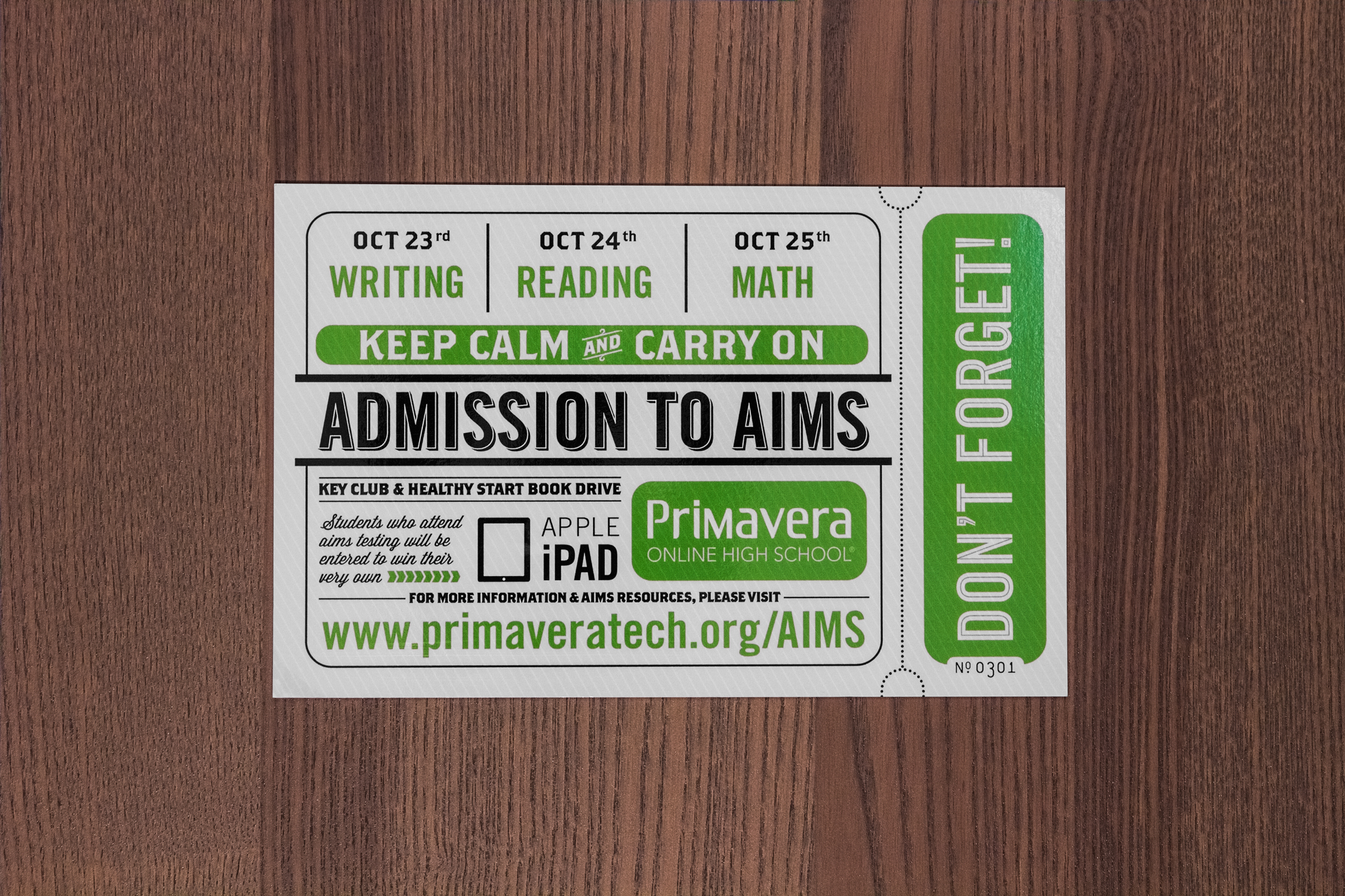 The Arizona Instrument to Measure Standards is a state-wide standardized test that is required in order to graduate. This postcard included information for testing, resources, and assistance.
