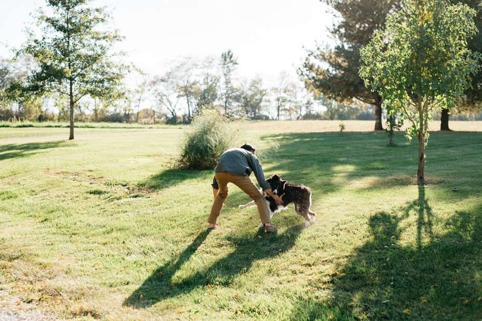 An energetic dog gets a little excited and gives her owner a playful little dog bite during the engagement