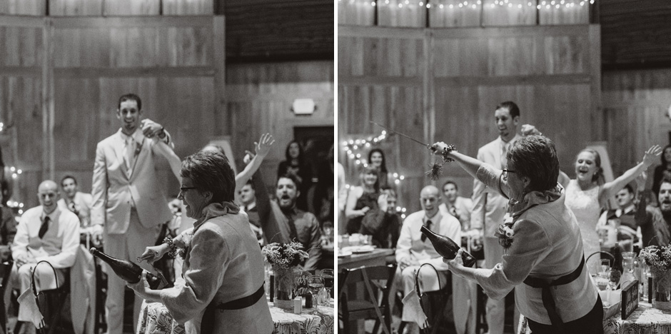 Erin's mom breaks open the champagne with a sabre during their wedding toast