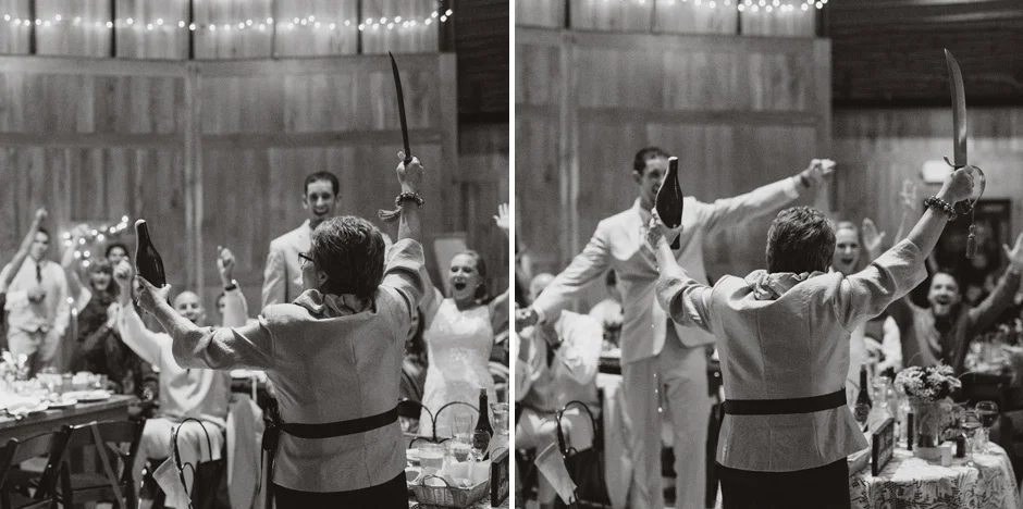 Erin's mom breaks open the champagne with a sabre during their wedding toast