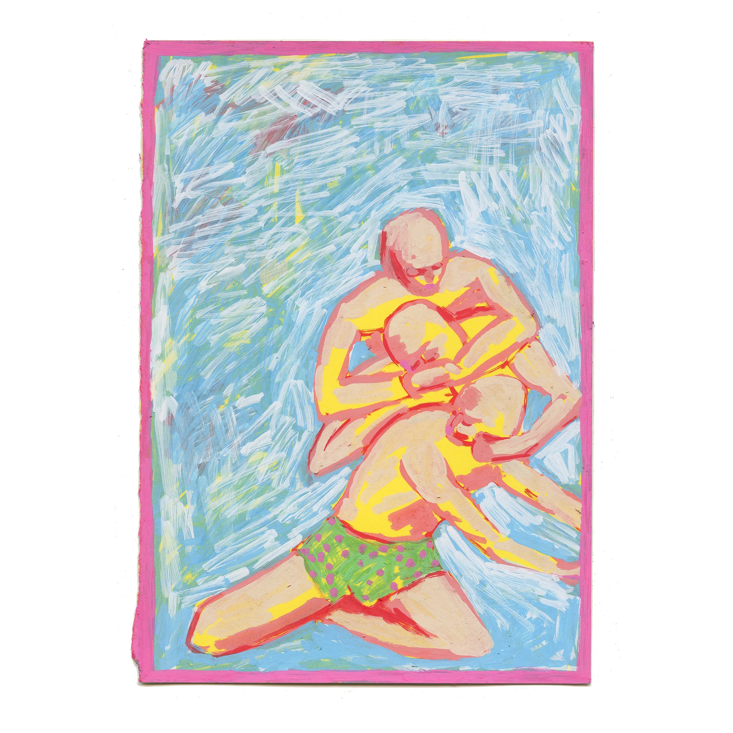 GESTURAL STUDY OF THREE AGGRESSIVE MALE FIGURES IN A DOUBLE HEADLOCK Unable to express their frustratIon with words. Three angry surfers wrestle on main beach in Byron Bay.