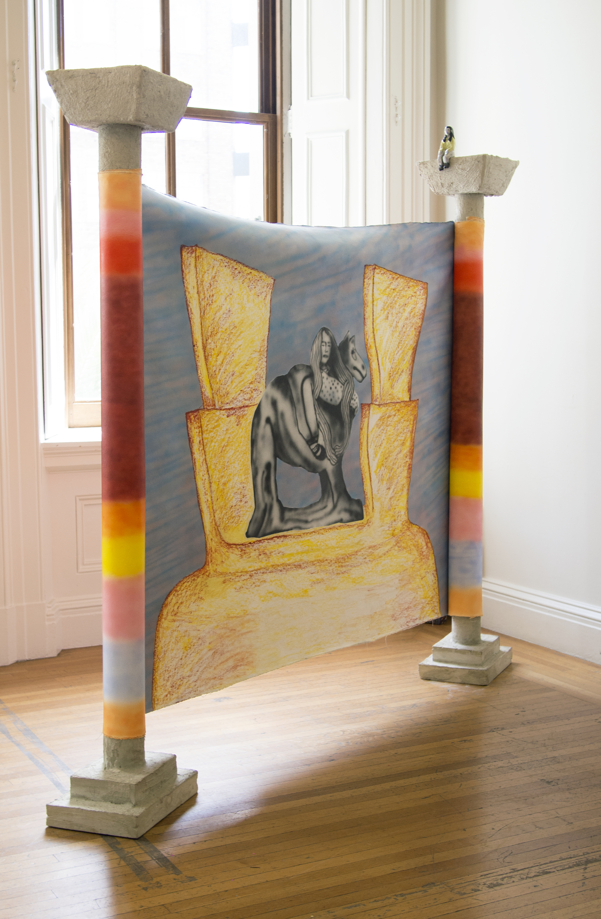 Riding a Camel Scroll , 2017, Oil pastel and acrylic on canvas, cement, cardboard, foam, and glazed ceramic, 57 x 72 x 12 inches