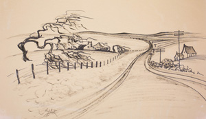 2 Elizabeth Durack’s Mid West landscapes: Ted Snell, Perth Elizabeth Durack, Greenough , 1960, pencil on paper, commissioned by the Municipality of Geraldton, 1960; © with kind permission of the trustees, the estate of Elizabeth Durack