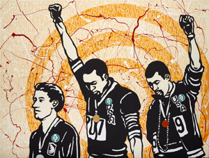 9 Resonant rooms: ‘When silence falls’ at the AGNSW: Margaret Farmer, Sydney Richard Bell and Emory Douglas, We Can Be Heroes , 2014, synthetic polymer paint on canvas, 180 x 240cm, Art Gallery of New South Wales, Sydney, purchased with funds from the Wendy Barron Bequest Fund, 2015; image courtesy Milani Gallery, Brisbane; © Richard Bell and Emory Douglas