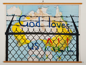 1 Asian Australian engagement: A digest: Jasmin Stephens, Sydney Tony Garifalakis and Richard Lewer, God loves us all , 2012, acrylic on found map, 90 x 110cm; exhibited in ‘Yonder’, curated by Jasmin Stephens, Perth Institute of Contemporary Arts, Perth, 2012; image courtesy the artists and Hugo Michell Gallery, Adelaide (Garifalakis and Lewer), Sullivan+Strumpf, Sydney (Lewer), Gow Langsford Gallery, Auckland (Lewer); photo: Andrew Curtis