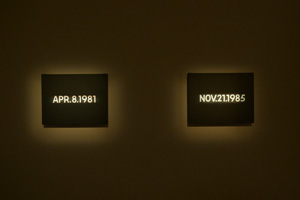 5 Temporal translations: ‘Time of Others’ at SAM: Chloe Wolifson, Singapore On Kawara, APR. 8, 1981, 1981 , and NOV. 21, 1985, 1985 , from the Today series, installation view, Singapore Art Museum, 2015–16; both acrylic on canvas, newspaper and paper box, 25.7 x 33.4cm, Museum of Contemporary Art Tokyo collection