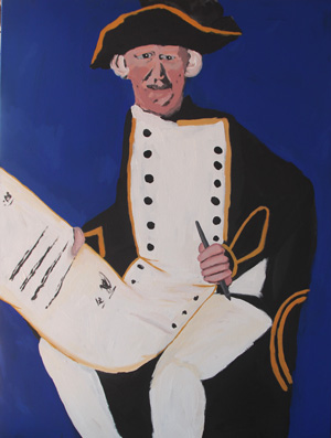 12 From ceremony to selfies: New developments in desert figuration: Kieran Finnane, Alice Springs Vincent Namatjira, James Cook – with the declaration, 2014, acrylic on canvas, 101 x 76cm, The British Museum, London; image courtesy the artist and Iwantja Arts, Indulkana