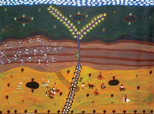 10 Challenging Conspiracies of Silence with Art: Waralungku Arts, Borroloola, Northern Territory: SEÁN KERINS Stewart Hoosan, Mayawagu —Freedom Fighter , 2013, acrylic on linen, 88 x 120cm; image courtesy the artist and Art Centre, Borroloola, NT