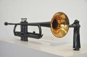 1 Biennale fever in Indonesia: temporary sites for contemporary, art: ROY VORAGEN Agus Suwage, Social Mirror #3 , 2013, trumpet, copper, wood and car audio systems, 118 x 24 x 70cm; image courtesy the artist