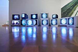 8 Signifiers of lost times: Chen Qiulin at SAM: Jacqui Durrant, Shepparton Chen Qiulin, One Hundred Names for Kwong Wah Chong , 2015, installation detail, Shepparton Art Museum, 2016; 25-channel video installation, mural, dimensions variable, commissioned by 4A Centre for Contemporary Asian Art, Sydney; © the artist; photo: Diana Spriggs