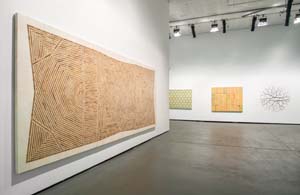 6 Without words: ‘Binns + Valamanesh’ at Casula Powerhouse: CLAIRE CAPEL-STANLEy Binns + Valamanesh installation view, Casula Powerhouse Arts Centre, Sydney, 2014, featuring from left: Hossein Valamanesh, Lotus Vault , 2011, lotus leaves on paper on plywood, collection of National Gallery of Australia, Canberra, purchased with the assistance of Susan Armitage 2012; Vivienne Binns, Nylon over the Lachlan , 2005, acrylic on canvas, collection of National Gallery of Australia, Canberra, purchased 2008; Vivienne Binns, Wire weave plastic mesh: a paradox of irritations , 2007–08, synthetic polymer paint on canvas, The James C. Sourris AM Collection, gift of James C. Sourris AM, through the Queensland Art Gallery Foundation 2012, donated through the Australian Government’s Cultural Gifts Program; Hossein Valamanesh, Fallen Branch , 2005, bronze. photo: Brenton McGeachie