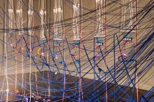 8 Shifting the registers: ‘What I see When I Look at Sound’: JOHN MATEER Matthew Gingold, Filament Orkestra , 2014, detail; 64 light bulbs, 64 light-dependent resistors (LDRs), 8 Ardunio Fio, 8 FM radios, 8 Lepai 2020 amplifiers, 16 Tang Band W5-1611SAF 5-in. full-range speakers, 4km AC/DC wiring. image courtesy the artist and Perth Institute of Contemporary Arts (PICA)