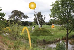 9 Collective action: environmentalism in contemporary art: JADE WILLIAMSON The Riparian Project, Stitching the Landscape , 2013, concept sketch, permanent public artwork for the Yea Wetlands, Victoria; ©Jen Rae