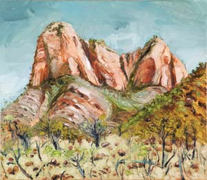 12 En plein air: artistic exchange at Ikuntji/Haasts Bluff: CHRISCHONA SCHMIDT Peter Hudson, Haasts Bluff Landscape , 2013, oil on board, 45.7 x 53.2cm; image courtesy the artist