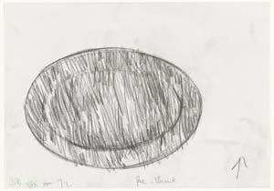 10 Look Again: the work of Janet Dawson in the collection of the National Gallery of Australia: JENNY BELL   Janet Dawson,  Oval rough drawing  [1], 1972, conté crayon, part 1 of 7-part series; image size: 14.2 x 20.4cm; paper size: 21 x 30cm; Bell writes: ‘We see close-up, just a jumble of craggy, seemingly non-committal lines. The drawing has the shape of an ellipse, the title suggests a sporting arena but it could be an egg. This does not matter. Give the work some distance, just a few paces, and watch those lines take hold of space and, with precision, twitch.’ From the collection of the National Gallery of Australia, Canberra; images courtesy the artist and the NGA