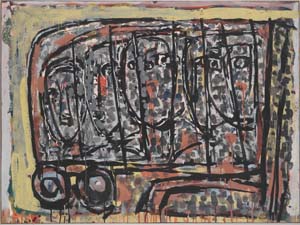 11 Ian Fairweather: Late Works 1953-1974: ANNE SANDERS Bus stop , 1965, gouache on cardboard on board, 72.5 x 97.5cm. All images this article of work by Ian Fairweather, from Collection: Queensland Art Gallery, Brisbane