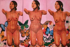 11 Bodyscape: Renegotiating feminist ideals in Indonesian visual arts: WULAN DIRGANTORO Lelyana Kurniawati, Bout her fly (story) , 2009, acrylic on canvas, 180 x 120cm, (tryptich). Image courtesy of the artist