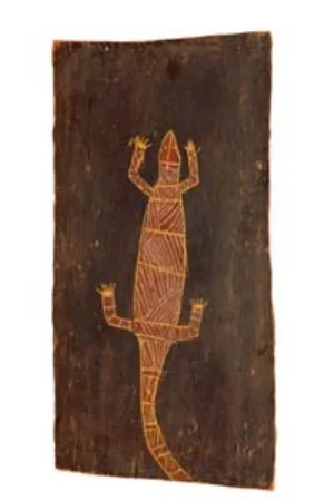 6 Seeing the natural world: Art &amp; Reconciliation: DONNA LESLIE   Peter Nangwurrama Wurrawilya,  Yaraja  [ Goanna ], c. 1945-49, ochres and orchid extract on eucalyptus bark; The Leonhard Adam Collection of International Indigenous Culture, the University of Melbourne Art Collection