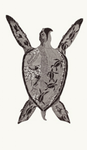 7 Sageraw Thonar: Stories from the southeasterly season: Miriam Carter, Cairns Laurie Nona, Malngu Sagrr Gimeiya , 2016, linocut print on paper, 154.3 x 110.5cm (image size); image courtesy the artist and Badu Art Centre; photo: Jon Linkins