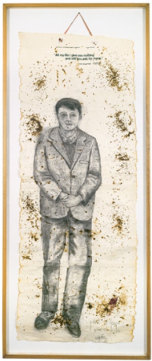 10 Getting away with it: Gilbert & George at MONA: Rachel Kent, Hobart Gilbert & George, ALL MY LIFE I GIVE YOU NOTHING AND STILL YOU ASK FOR MORE , 1970, mixed media, 193 x 75cm (each), private collection