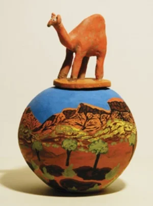 1 Pushing boundaries: 25 years of ‘Desert Mob’: Christopher Raja Irene Mpetyane Entata, Camel , 1995, hand-coiled and modelled terracotta with applied underglazes, 20 x 13cm, Araluen Art Collection, Alice Springs