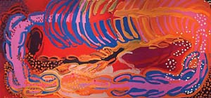 2 Redressing the imbalance: Yulyurlu, Lorna Fencer Napurrurla: CATH BOWDLER Spring Water at Yumurrpa, 2002, synthetic polymer paint on canvas, 303 x 138cm. Courtesy the Laverty Collection, Sydney. Unless otherwise indicated, all images this article are of works by Lorna Fencer Napurrurla; images courtesy the estate of Lorna Fencer, Mimi Art and Craft, Katherine