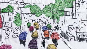 5 Driving (in) an Indonesian art jam: MALCOLM SMITH Tromorama, Borderless , 2010, still from 2 min-25 sec video animation with embroidery on canvas. Tromorama is artists Febie Babyrose (Baby), Herbert Hans (Ebet), and Ruddy Hatumena (Ruddy)