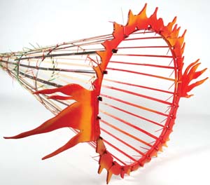 6 Ken Thaiday Senior – Staying close to Erub: KATRINA CHAPMAN Sardine Scoop - Weres I , 2009, plywood, bamboo, plastic ties, paint, 11.6 x 11.6 x 19. 6cm. Image courtesy The Australian Art Print Network