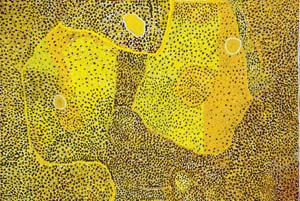 7 Desert Country: GENEVIEVE O'CALLAGHAN Tjumpo Tjapanangka, Wilkinkarra (Lake Mackay ), 2001, synthetic polymer paint on canvas, 120 x 180cm. Gift of Harold and Neriba Gallasch 2002. ©Tjumpo Tjapanangka, courtesy Warlayirti Artists