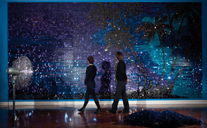 8 Kaleidoscope culture: the Glitter-amas of Reuben Paterson: BEN BERGMAN When the Sun Rises and the Shadows Flee , 2005, shimmer disks and synthetic polymer paint on board, tinsel and 9 electroplated stilettos, 730 x 350cm; tinsel and stilettos variable. Collection Dunedin Public Gallery. Photograph by Clive Copeman
