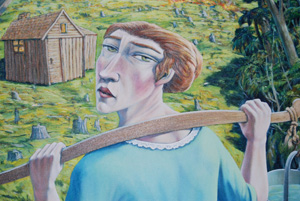 12 Lace-wearer to water-bearer: recent work BY John McLean, PENNY JACKSON Detail of The Burn , from The Settler Trilogy , 2008, oil on canvas. Collection: Puke Ariki, New Plymouth. Image courtesy Puke Ariki, New Plymouth.