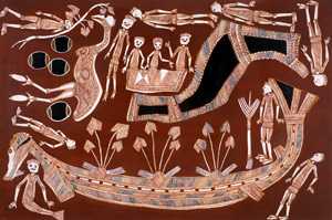10 Wamud Namok (L.B. Nadjamerrek AO) 1926–2009: PETER COOKE Wamud Namok Nadjamerrek, Ankung Djang and Ngalyod (Honey Dreaming and Rainbow Serpent) , 1994, natural pigments on paper, 121 x 171cm. MAGNT Collection. Image courtesy the artist’s estate and the Museum and Art Gallery of the NT