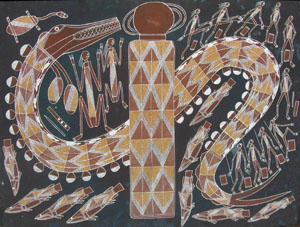 6 Obituary: Bruce Nabegeyo c. 1949-2009 Bruce Nabegeyo, Yingana Rainbow Serpent at Nimbuwah , 2004, ochres on arches paper. Image courtesy of Injalak Arts