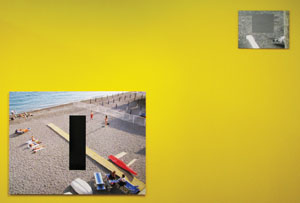 12 David Thomas: Colour. Time: PATRICK HUTCHINGS DAVID THOMAS, Two photopaintings on orange/yellow wall; left to right: End of Summer: Homage à Tati; (small splash), 2009, enamel on photo on Dibond, 101 x 135cm; Movement of Grey ( London), 2008-9, acrylic on photograph on Dibond, 32 x42.5cm. Images courtesy the artist and Nellie Castan Gallery