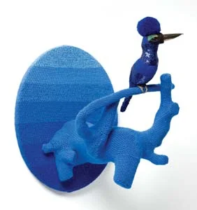 2 Art on the rebound: LISA SLADE Louise Weaver, Sacred Kingfisher, 2007-2008, hand crocheted lamb’s wool over taxidermied Sacred Kingfisher, (Alcidinidae) bonsai tree, marine plywood, sequins and cotton thread. Images courtesy the artist and Darren Knight Gallery, Sydney