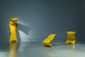 7 From manner to materiality: Sculpture in the Hunter: Jill Stowell, Maitland Braddon Snape sculptures from left: Single fold propped, 2016, welded, inflated and powder-coated steel, 180 x 60 x 40cm; Three chamber plop, 2016, welded, inflated and powder-coated steel, 63 x 60 x 40cm; Performed two chamber plop, MAKEit MADEit 2016, 2016, welded, inflated and powder-coated steel, 81 x 66 x 60cm; image courtesy the artist and Maitland Regional Gallery