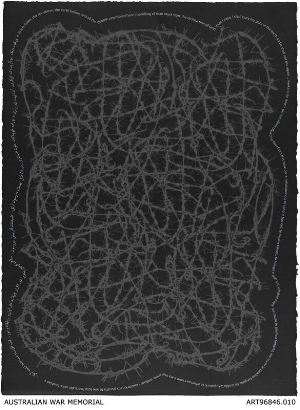 7 On reflection and collaboration: The Anzac Centenary Print Portfolio: Brett Graham, Auckland Brett Graham, Bury my patu , 2015, woodblock relief printed in black ink from one block; etching and opening bite printed in graphite ink from one copper plate; screenprint printed in white ink from one screen on paper; 76 x 56 cm, edition of 20; commissioned by the Australian War Memorial (AWM) in 2015; Image courtesy the artist and the AWM, Canberra