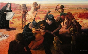 1 Connection and belonging: The 33rd NATSIAAs at MAGNT: Luke Scholes, Darwin Harold Joseph Thomas (Bundoo), Tribal abduction , 2016, synthetic polymer paint on canvas, 134 x 214cm; image courtesy the artist and the Museum and Art Gallery of the Northern Territory (MAGNT), Darwin