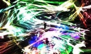 10 The realm of the senses: The artwork of teamLab in Australia and Japan: Russell Kelty, Adelaide teamLab, Crows are Chased and the Chasing Crows are Destined to be Chased as well, Blossoming on Collision – Light in Space , 2016, interactive digital installation, 4 mins 20 secs duration; sound: Takahashi Hideaki; image courtesy the artists and the Mori Art Museum, Tokyo