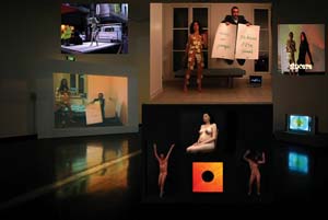 6 Increase your uncertainty: A Constructed World: NATALIE KING, Melbourne A Constructed World, stills from DVDs screened in the ‘dance room’. Clockwise from top left: Truck dance, 2007, Eye burn, 2006 (with choreographer João Saldanha), Sincere (death dance), 2005, Big dirty death drive , 2006-07 (soundtrack by Ali Perret), Ecstatic Torino , 2004. Courtesy of Uplands Gallery, Melbourne