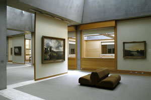 5 Hanging at Yale: ANGUS TRUMBLE View of the fourth floor, and the upper portion of the east side of the Entry Court, of the British Art Center, with (left to right) The fishery by Richard Wright, Hadleigh Castle by John Constable, and Harlech Castle by J M W Turner. In the distance may be seen portraits by Allan Ramsay and Thomas Gainsborough. Architecture by Louis I Kahn. Courtesy Yale Center for British Art. Photo Richard Caspole