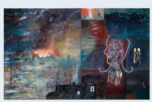 3 Red pills: Jon Cattapan's neo-urbanism: DAVID HANSEN Jon Cattapan, Church alight (East Melbourne) , 1988, oil on canvas, 10 parts. Courtesy the artist and Sutton Gallery, Melbourne