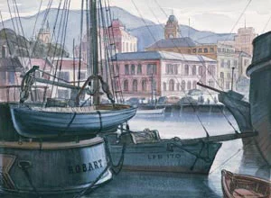 8 Max Angus: A lifetime of watercolour at the Tasmanian Museum and Art GalleryA; PETER TIMMS Max Angus, Constitution Dock , c 1949, watercolour, carbon pencil and gouache. Private collection