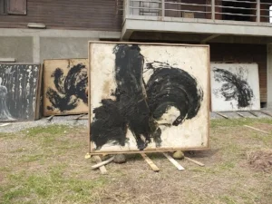4 Chang sae Tang: The material conditions of the archive: Clare Veal, Singapore Works by Tang Chang displayed outside the Tang Chang Private Museum, Nakhon Pathom, during the collection survey, 2015; left to right: Untitled (10), n.d., oil on canvas, 207 x 245cm; Untitled (2), 1969, oil on canvas with impasto medium, 246 x 208cm; Untitled (1), 1969, oil on canvas with impasto medium, 208 x 244cm; and Untitled (11), n.d., oil on canvas, with impasto medium, 245 x 108.5cm
