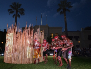 5 Spreading like wildfire: The ‘Kulata Tjuta Project’ in the APY Lands: Nyurpaya Kaika-Burton, Amata Kulata Tjuta Project , installation and inma (ceremony) view, Government House, Adelaide, 9 October 2015; commissioned for ‘TARNANTHI: Festival of Contemporary Aboriginal and Torres Strait Islander Art’; image courtesy the Art Gallery of South Australia, Adelaide, and Ernabella Arts, Iwantja Arts, Kaltjiti Arts, Mimili Maku Arts, Ninuku Arts, Tjala Arts and Tjungu Palya; photo: Ben Searcy