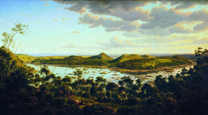 10 German artists in the South Sea: Alison Carroll Eugene von Guérard, Tower Hill , 1855, oil on canvas, 68.6 x 122cm; image courtesy Warrnambool Art Gallery, on loan from the Department of Environment, Land, Water and Planning, presented by Miss Effie Thornton, 1966