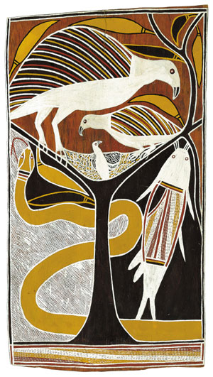 7 MARY EAGLE: The man who looked after everyone: No ordinary place: The art of David Malangi IN Canberra David Malangi Daymirringu, Dhamala Story (Sea Eagle, Catfish and King Brown Snake) , 1983, natural pigments on eucalyptus bark. Collection of the Art Gallery of New south Wales, Sydney. Photo Brenton McGeachie for AGNSW