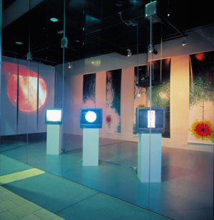 5 1017 Kelvin - pretty hot! Metis Time: 04: MICHAEL ASCROFT Peter Fitzpatrick, SPIN ,2004, video installation with video monitors and LCD projector. Courtesy of the artist and the Canberra Museum and Gallery.