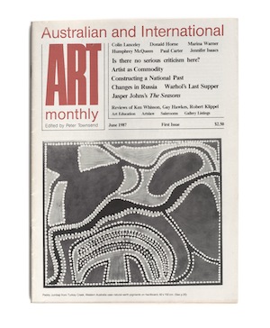 4 Autres temps, autres moeurs: Michael Hobbs No.1, June 1987: edited by Peter Townsend; production layout by Janet Gough; typesetting by Dawson Magazines Pty Ltd Cover caption (as published): Paddy Jumbaji from Turkey Creek, Western Australia uses natural earth pigments on hardboard, 82 x 102cm